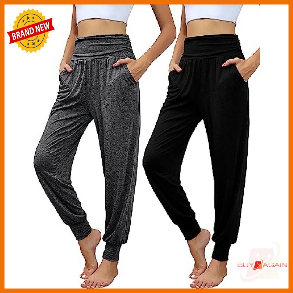 Women's Yoga Joggers 2-Pack High Waisted Loose Fit Sweatpants with Pockets - Picture 2 of 8
